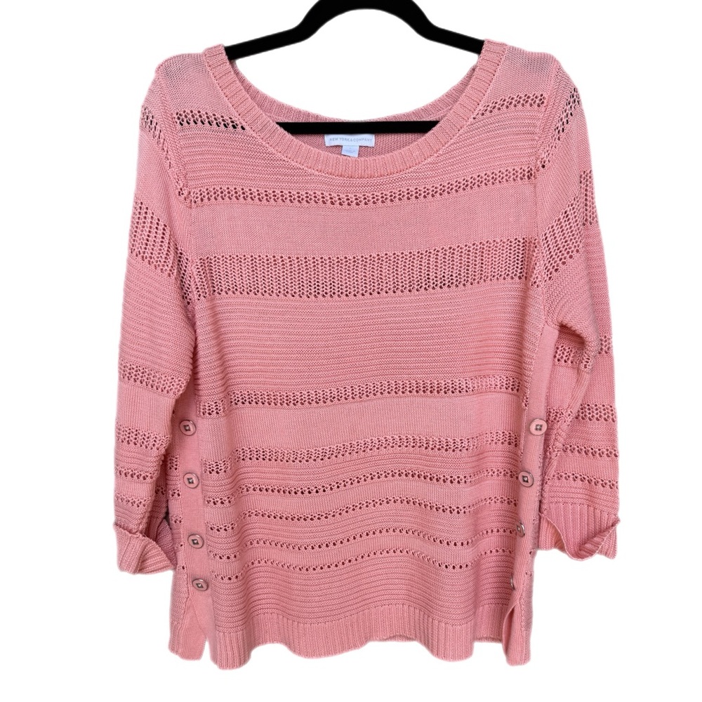 New York & Company Striped Open Knit Button Accent Sweater Blush Pink‎ - Picture 2 of 7